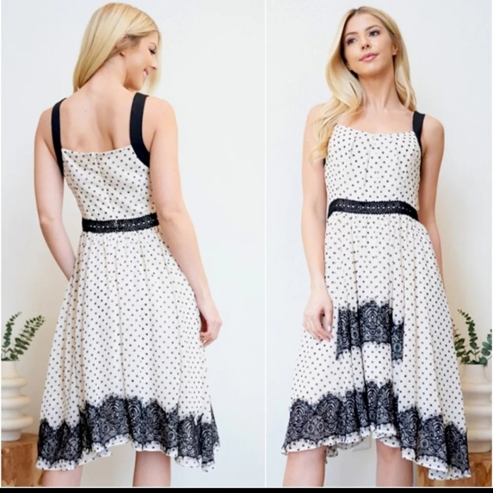 Ivory with black lace, polka dot. Vintage looking, for summer sundress - Picture 3 of 6